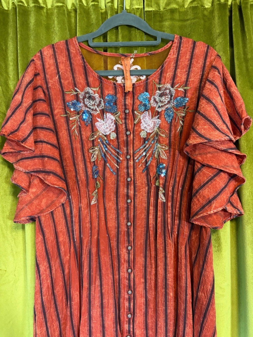 Aratta Silent Journey Rust-Striped Embroidered Floral Lace Midi Maxi Dress L - Picture 7 of 9